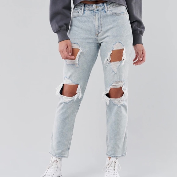 Hollister Denim - NEW Hollister Vintage Stretch CURVY ULTRA HIGH-RISE MOM JEANS Light Destroyed